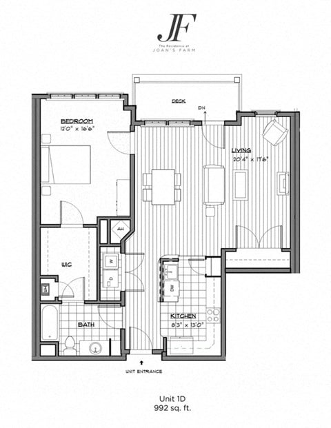 Floor plan for 1 bed, 1 bath, 895 sqft